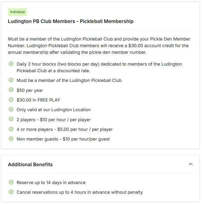 Ludington Pickleball Membership - LPC Members